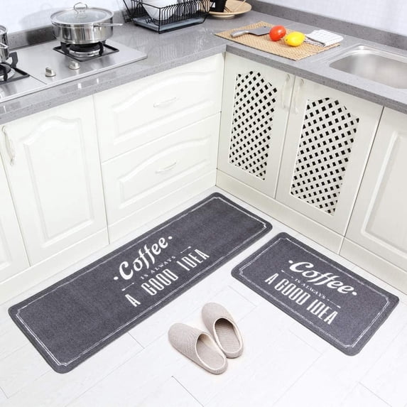 2 Pieces Non-Slip Kitchen Mat Set Rubber Backing Doormat Runner Rug Set, Coffee Design (Grey 15"x47"+15"x23")
