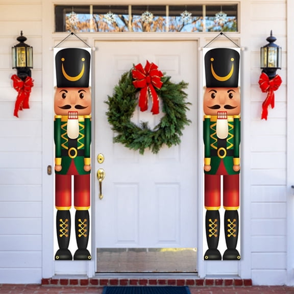 2 Pieces Nutcracker Christmas Decorations Soldier Model Nutcracker Banners Outdoor Xmas Decor Nutcracker Hanging Sign Decor with Small Christmas Wreath Banner for Door Porch Garden Yard, 72 x 12 Inch