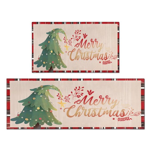 2 Pieces Of Kitchen Rugs and Mats Non Skid Washable Merry Christmas (1) Kitchen Mat,Floor Cushion Waterproof Rug,Rubber Backed Area Rugs for Laundry 47*17+30*17
