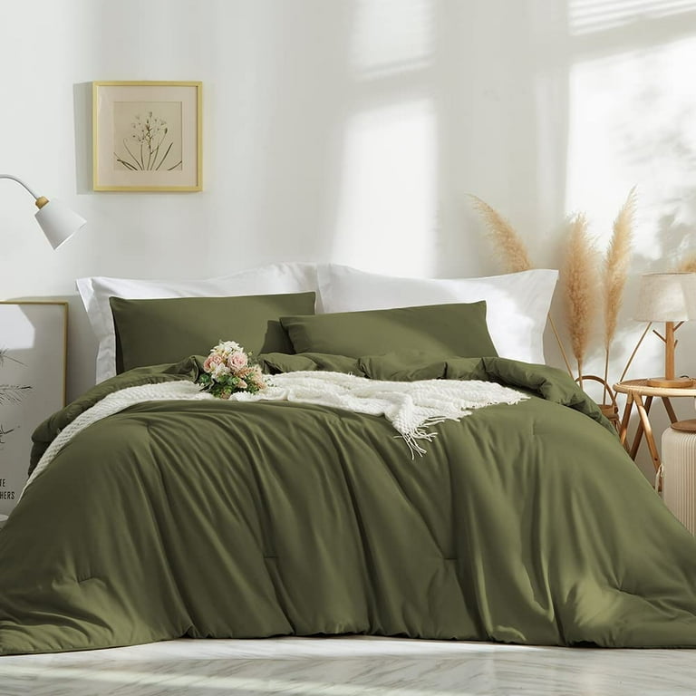 2 Pieces Olive Green Comforter Set Dark Green Solid Color Bedding