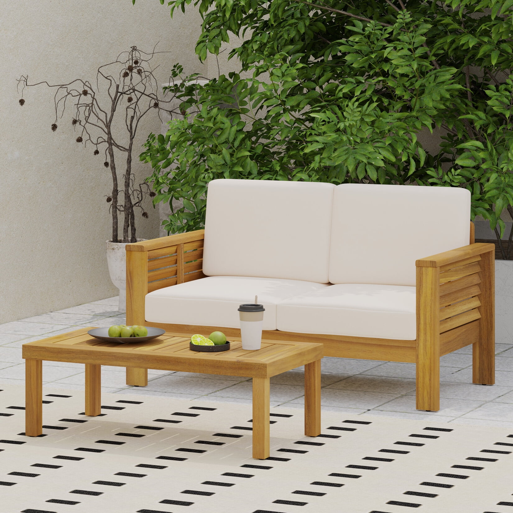 Outdoor Seater Finished Acacia Wood Sofa and Club Chair Set with
