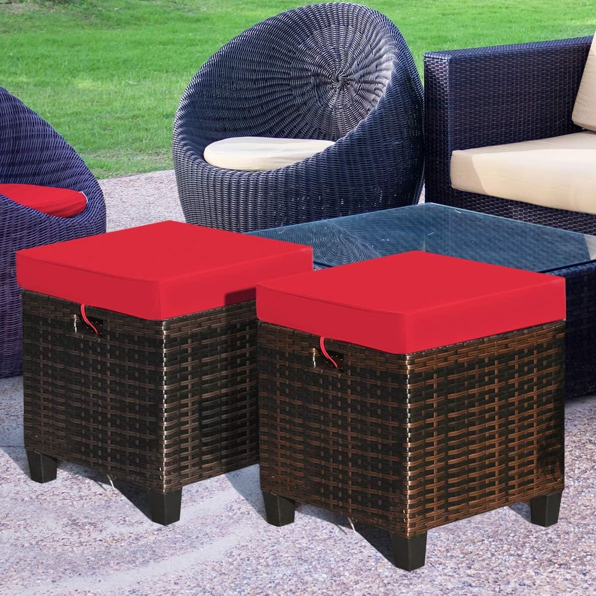 2 Pieces Outdoor Ottoman Set, Outdoor Rattan Wicker,Ottoman Seat ...