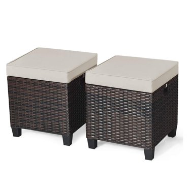 2-Piece Patio Ottoman Set - PE Rattan Footstools With Cushions, Grey