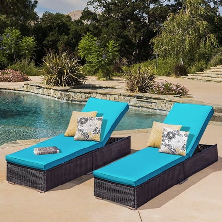 2 Pieces Outdoor Patio Lounge Chair Adjustable Chaise Long Rattan Chair, Wicker Chaise Additional Lounge Chair Patio Furniture, Black Wicker Blue Cushions