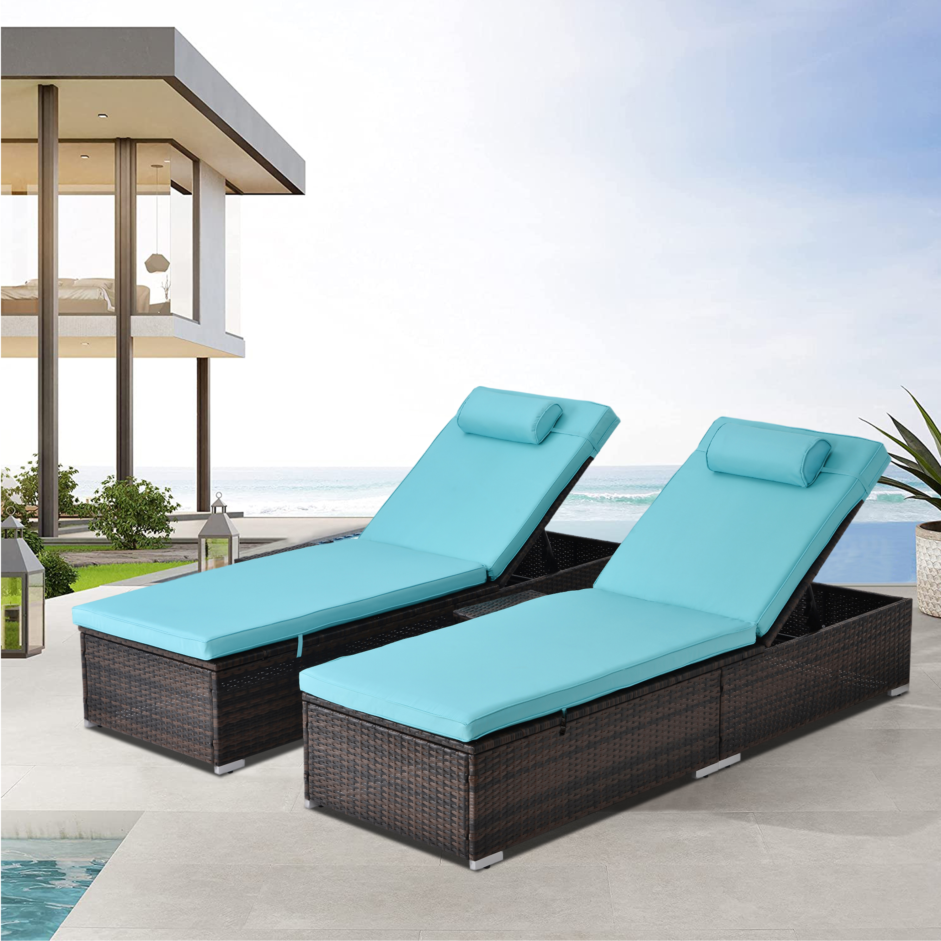 2 Pieces Outdoor Patio Lounge Furniture Set, Poolside Reclining PE Rattan Chaise Recliners with Side Table, Tempered Glass Top Coffee Table, Brown PE Wicker and Blue Cushions, SS2341 - image 1 of 8