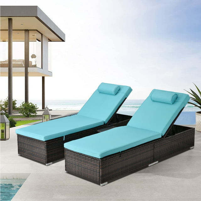2 Pieces Outdoor Patio Lounge Furniture Set, Poolside Reclining PE Rattan Chaise Recliners with Side Table, Tempered Glass Top Coffee Table, Brown PE Wicker and Blue Cushions, SS2341