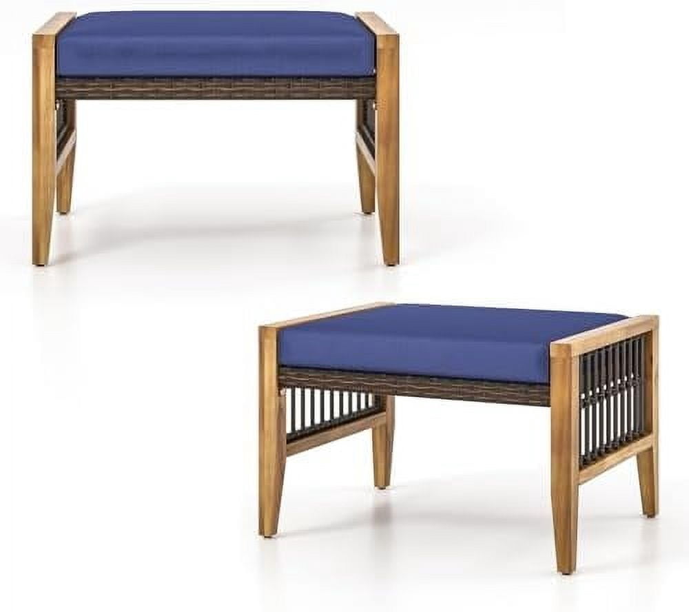 2 Pieces Outdoor Patio Ottomans, Acacia Wood Outdoor Footstools with ...