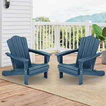 2 Pieces Outdoor Patio Plastic Folding Adirondack Chair Set, Navy Blue