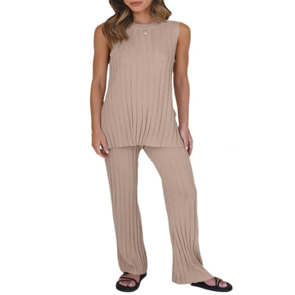 2 Pieces Outfits Sleeveless Knit Top & Pants Sets Lounge Long Pajamas Set