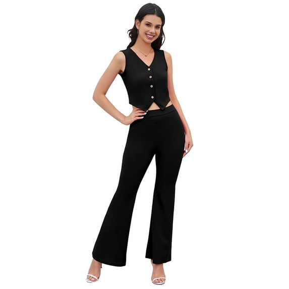 2 Pieces Outfits for Women Sleeveless Blazer Vest Wide Leg Pant Suit Sets