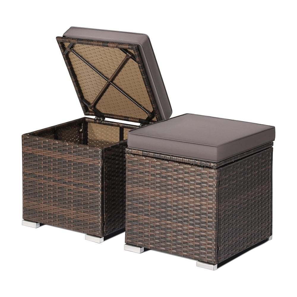 Image showcasing 2-Pieces Outside Rattan Ottomans - Patio Wicker Footstools with Storage ...