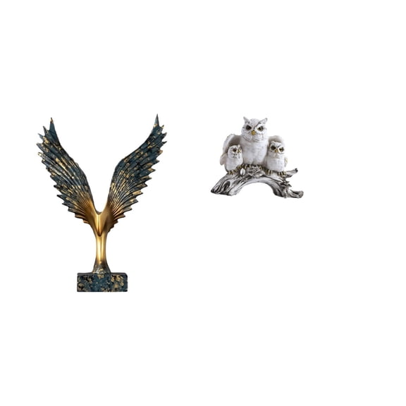 2 Pieces Owl Figurine Wing Sculpture Resin Material for Living Room Office Tabletop Home Decor