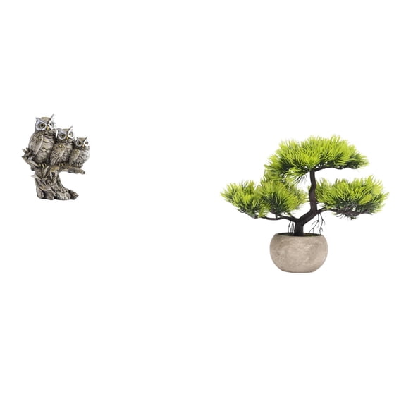 2 Pieces Owl Figurines Artificial Bonsai Tree Faux Plant Resin Material for Living Room Office Desk Decor