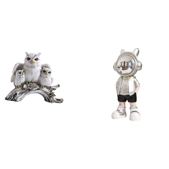 2 Pieces Owl Figurines Astronaut Sculpture Resin Construction for Home Office Desktop Cabinet Modern Decor
