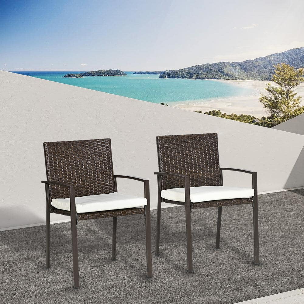 Brown Wicker Outdoor Dining Chairs with White Cushions, Set of 2