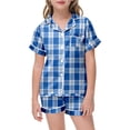 thumbnail image 1 of 2 Pieces Pajama Set for Kids Girls Plaid Silk Pajamas Girls stain Short Sleeve Easter Sunday Soft Fit Festival Trendy Fashion Loungewear SetWith Pockets #Blue 6-7 Years, 1 of 4