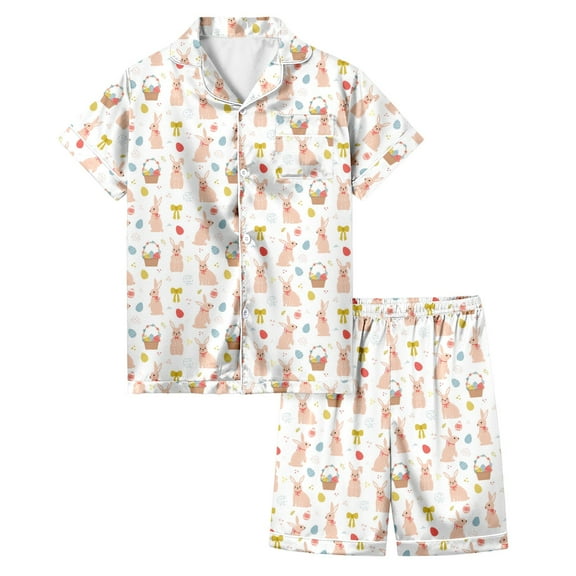 2 Pieces Pajamas Size 7-8 Toddler Satin Pajamas Size 12-14 Easter Bunny Print and Egg Bilby Print Easter Resurrection Sunday Soft Fit Summer Sleepwear Set Fashion Cothes