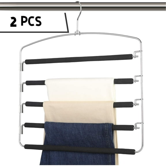 2 Pieces Pants Hanger by Happon, Swing Arm Trousers Hanger, Space Saving Pants Rack, 5 Layers Jeans Hangers with Non-Slip, Multiple Pants Hanger Closet Organizer for Trousers Scarves Ties Black
