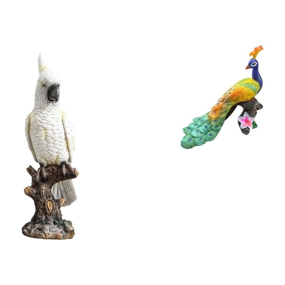2 Pieces Parrot Figurine Peacock Statue Bird Sculpture Resin Material for Home Office Desk Garden Decor