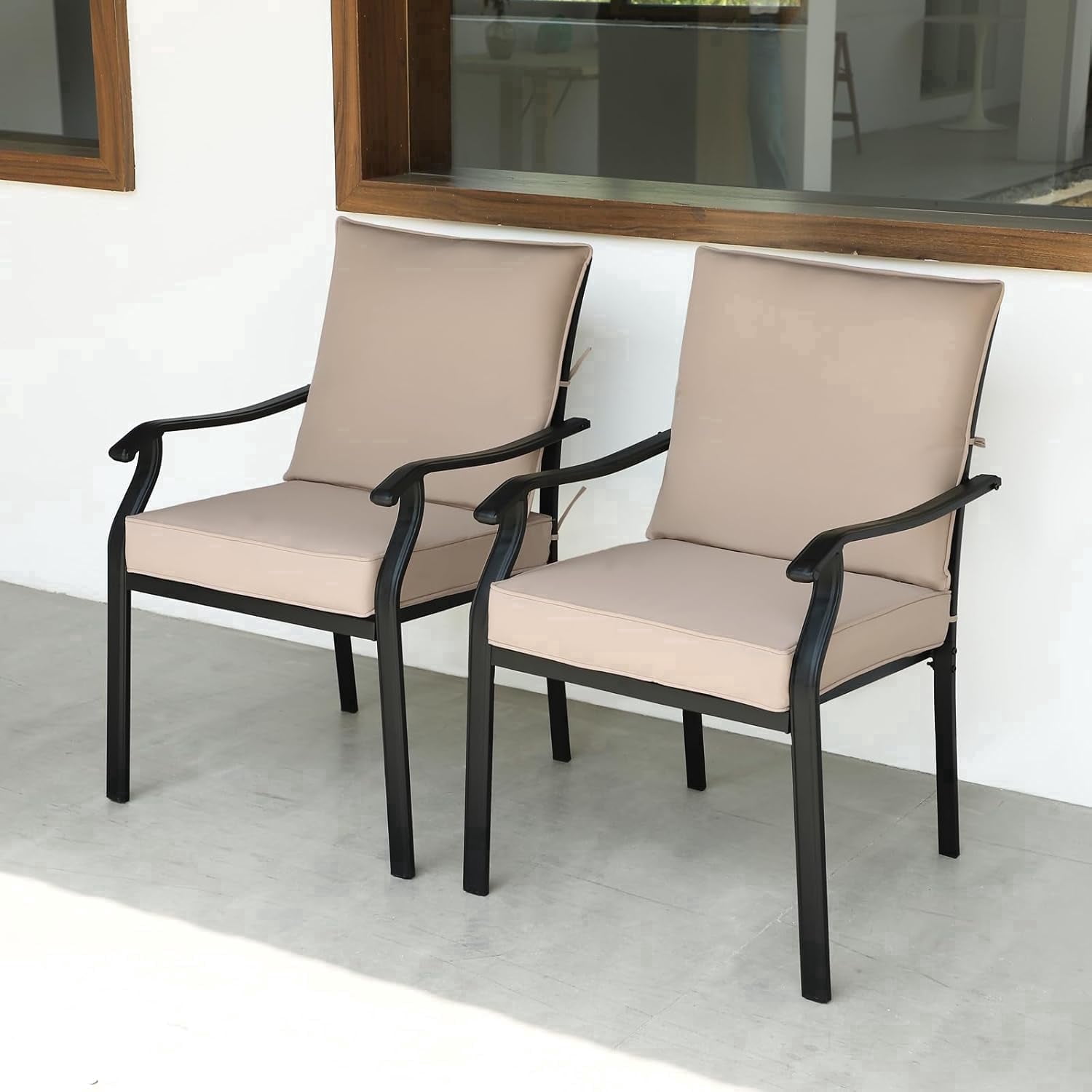 2 Pieces Patio Dining Chairs, Outdoor Metal Chairs with Armrests & Cushion, Metal Frame Stackable Patio Dining Chairs, Wrought Iron Outdoor Chairs for Garden, Balcony, Deck (2 Pieces)