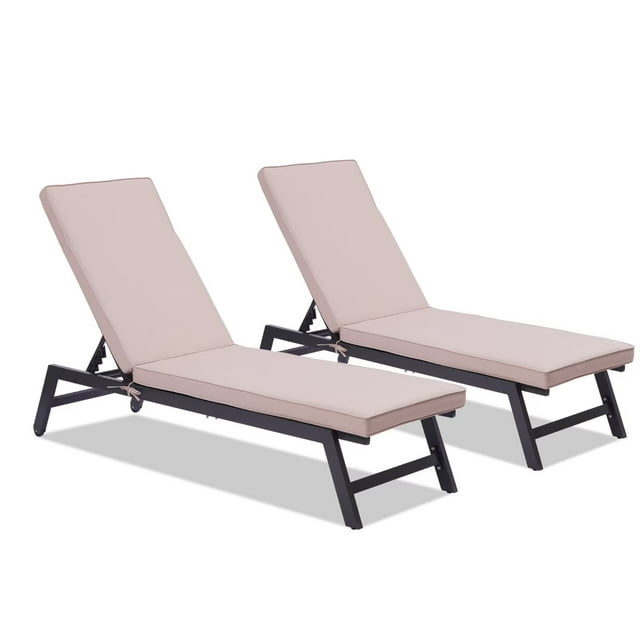 2 Pieces Patio Lounge Chair Set, Patio Chaise Lounges with Thickened Cushion, All Weather Adjustable Lounge Chair Set for Patio Backyard Porch Garden Poolside, Khaki