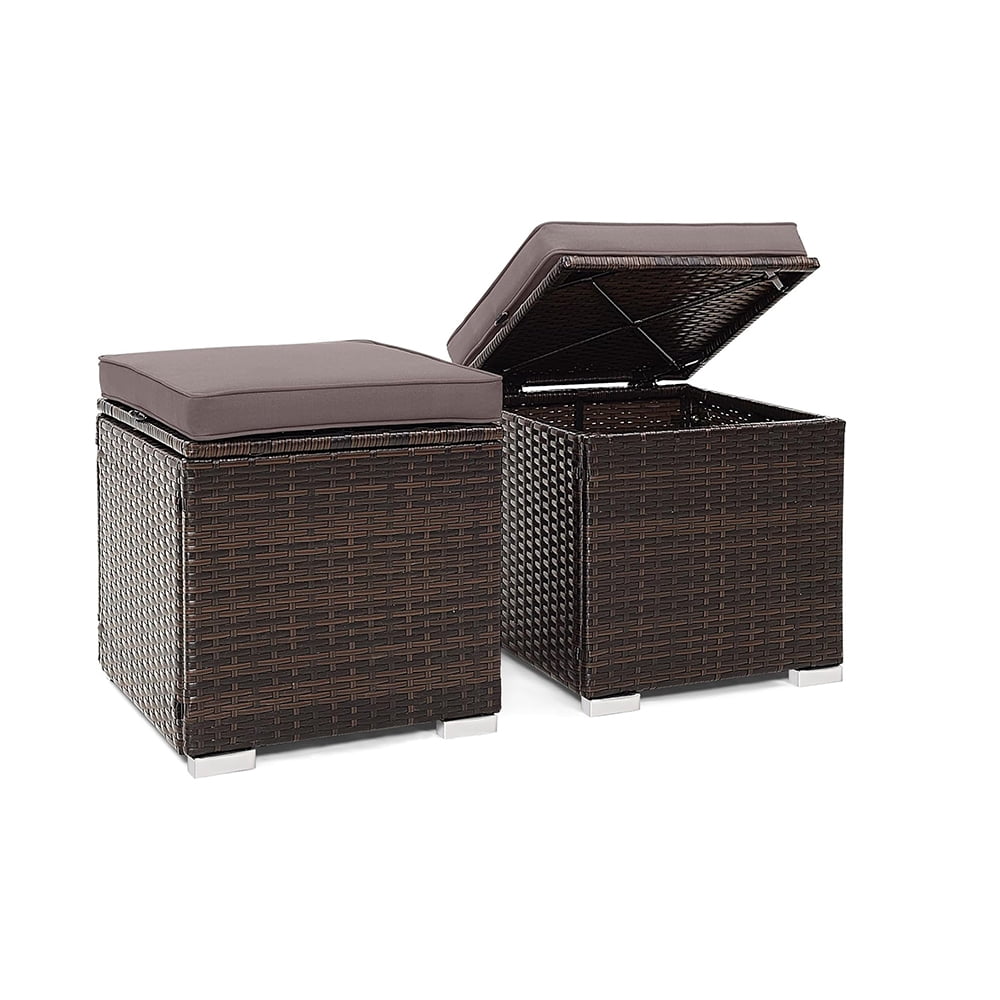 Gray Rattan Outdoor Storage Ottoman Set with Cushions