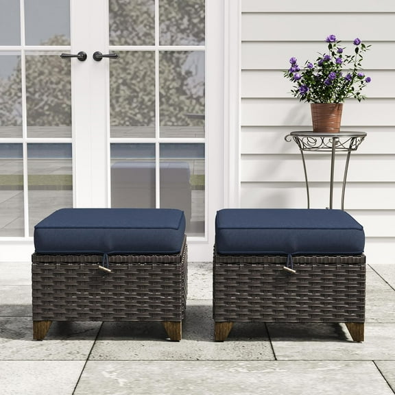 2 Pieces Patio Outdoor Ottomans with Removable and Washable Covers，PE Rattan Wicker Footstools for Porch, Garden, Sunroom (Navy Blue)