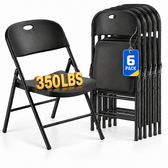 Fenbeli Heavy Duty Plastic Folding Chairs, 350 lb Capacity, Steel Frame, 6-Pack