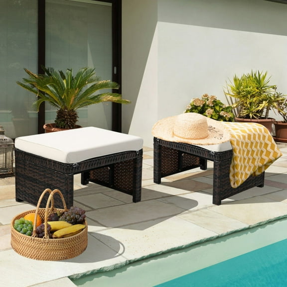 Buytoshop 2 Pcs Patio Rattan Ottomans with Soft Cushion for Patio and Garden,White