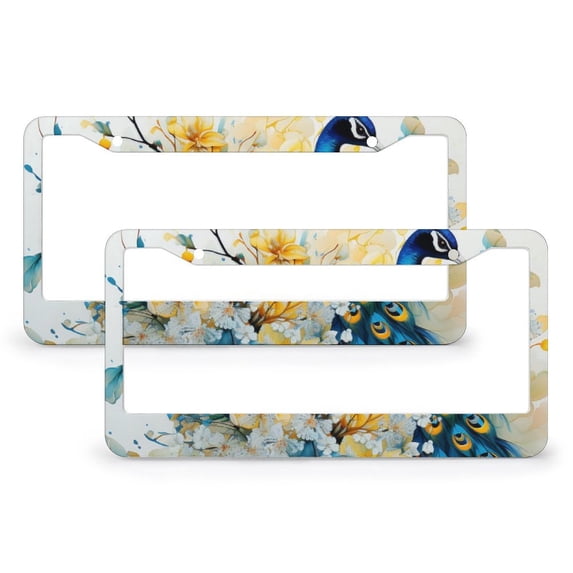2 Pieces Peacock Flowers Watercolor License Plate Cover Peacock Feathers Animal Wild Colorful Elegant Car Tags Frames Holder Quality Aluminum 2 Hole for Men/Women