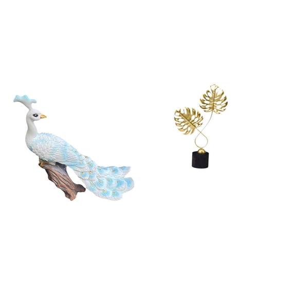 2 Pieces Peacock Sculpture Leaf Statue Creative Tabletop Ornament Durable Resin Iron Wood for Indoor Garden Office Decor