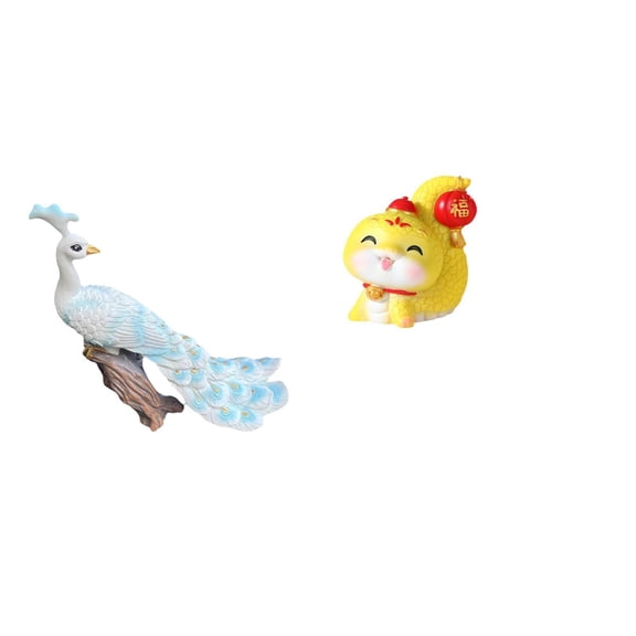 2 Pieces Peacock Statue Cartoon Snake Sculpture Resin Material for Home Garden Office Decoration