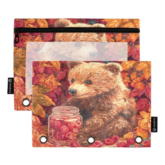 2 Pieces Pencil Bag Binder Pouches 3-Ring Page Turning Folder Pencil Case Pencil Bag Page Turning File Bag Cute Grizzly Bear