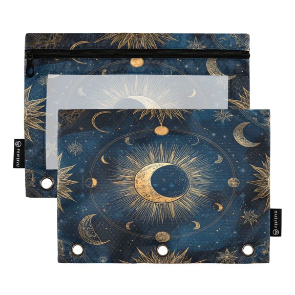 2 Pieces Pencil Bag Binder Pouches 3-Ring Page Turning Folder Pencil Case Pencil Bag Page Turning File Bag Moon Pattern