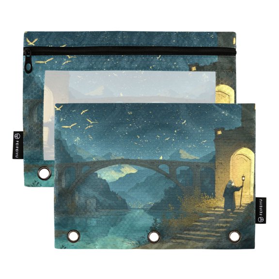 2 Pieces Pencil Bag Binder Pouches 3-Ring Page Turning Folder Pencil Case Pencil Bag Page Turning File Bag Old Man Bridge River Scene