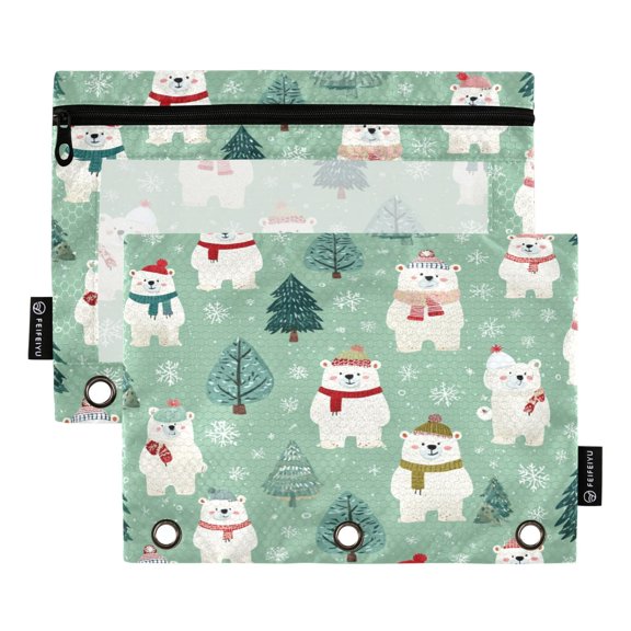 2 Pieces Pencil Bag Binder Pouches 3-Ring Page Turning Folder Pencil Case Pencil Bag Page Turning File Bag White Christmas Bear Pattern