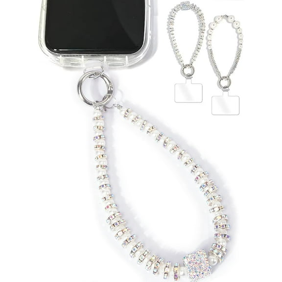2 Pieces Phone Wrist Strap Pearl Beaded Phone Charm Cell Phone Strap Detachable with Tether Tab, Hands-Free Wristlet Bracelet White Pearl A