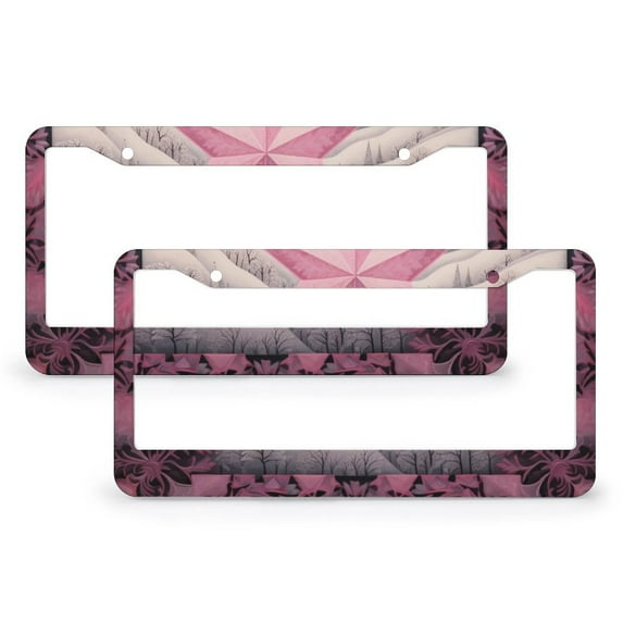 2 Pieces Pink And Grey Star Quilt Print License Plate Cover Vintage Christmas Standard Car Tag Cover Holder Aluminum 2 Round Holes for Men/Women