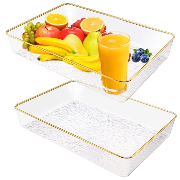 2 Pieces Plastic Deep Serving Tray 8.5 x 12.4 x 1.9 In, Gold Rim Decorative Storage Tray, Clear Dishes Ottoman Platters for Serving Food Party Breakfast Kitchen Bathroom Coffee Table