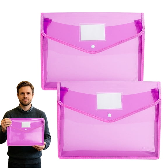 2 Pieces Plastic File Folders Envelope Expanding File Wallet Organizer Documents Folder with Snap Closure and Pocket, A4 Size Waterproof Transparent Pouch(Pinkļ¼14.6*11Inch)