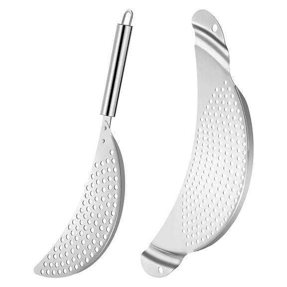 2 Pieces Pot Strainer Stainless Steel Moon Pot Strainer Colander Pasta Drainer with Handle Pasta Strainer Pan Pot Strainer with Recessed Hand Grips Suitable for Different Sizes up to 10 Inches