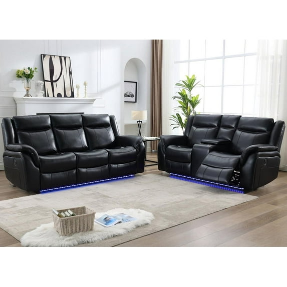2 Pieces Power Recliner Chair Sectional Sets,Black Faux Leather 3-Seat Reclining Sofa,Loveseat Recliner for Living Room Furniture Set Home Theater Seating with Wireless Charger,USB Port,Cup Holder