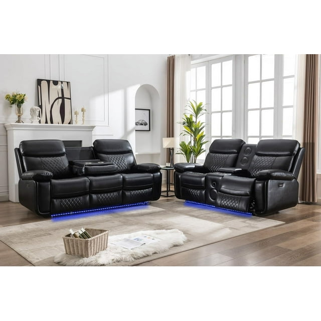 2 Pieces Power Recliner Chair Sectional Sets,Black Faux Leather 3