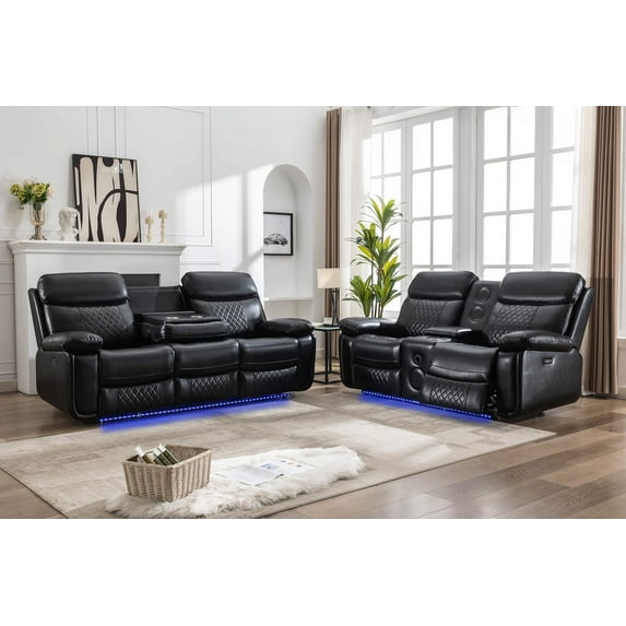 2 Pieces Power Recliner Chair Sectional Sets,Black Faux Leather 3 Seater Reclining Sofa,Loveseat Recliner Chair for Living Room Furniture Set Home Theater Seating with Speaker,USB Ports,Cup Holders