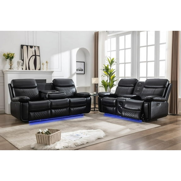 2 Pieces Power Recliner Chair Sectional Sets,Black Faux Leather 3 Seater Reclining Sofa,Loveseat Recliner Chair for Living Room Furniture Set Home Theater Seating with Speaker,USB Ports,Cup Holders