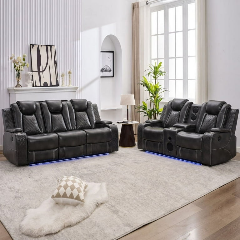 3-Seater Power Recliner Set, Gray Faux Leather Sofa Loveseat