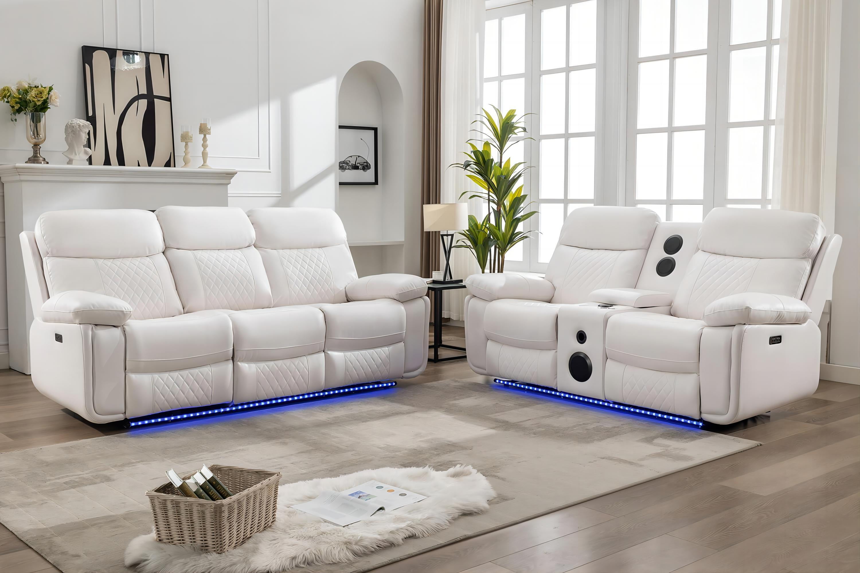 2 Pieces Power Recliner Chair Sectional Sets,White Faux Leather 3 Seater Reclining Sofa,Loveseat Recliner Chair for Living Room Furniture Set Home Theater Seating with Speaker,USB Ports,Cup Holders