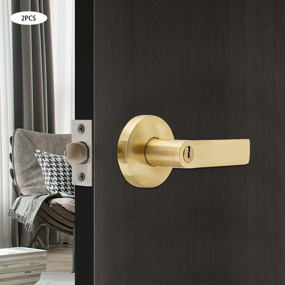2 Pieces Privacy Door Locks, Modern Gold Heavy Duty Door Levers with Keys, 2PCS Door Handles Three-Lever Handle Lock