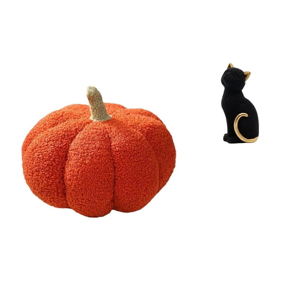 2 Pieces Pumpkin Pillow Cat Statue Plush Ornament Soft Resin Decor for Halloween Bedroom Living Room Office