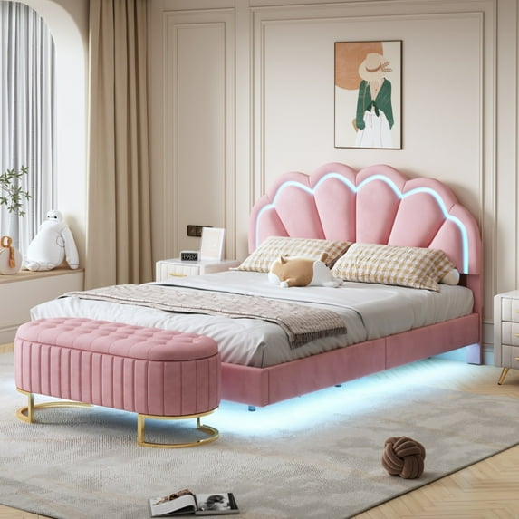 2-Pieces Queen Size Bed Frame and Storage Ottoman Sets, Heavy Duty Platform Bed with Smart LED, Headboard and Slats Support, No Box Spring Needed, Pink